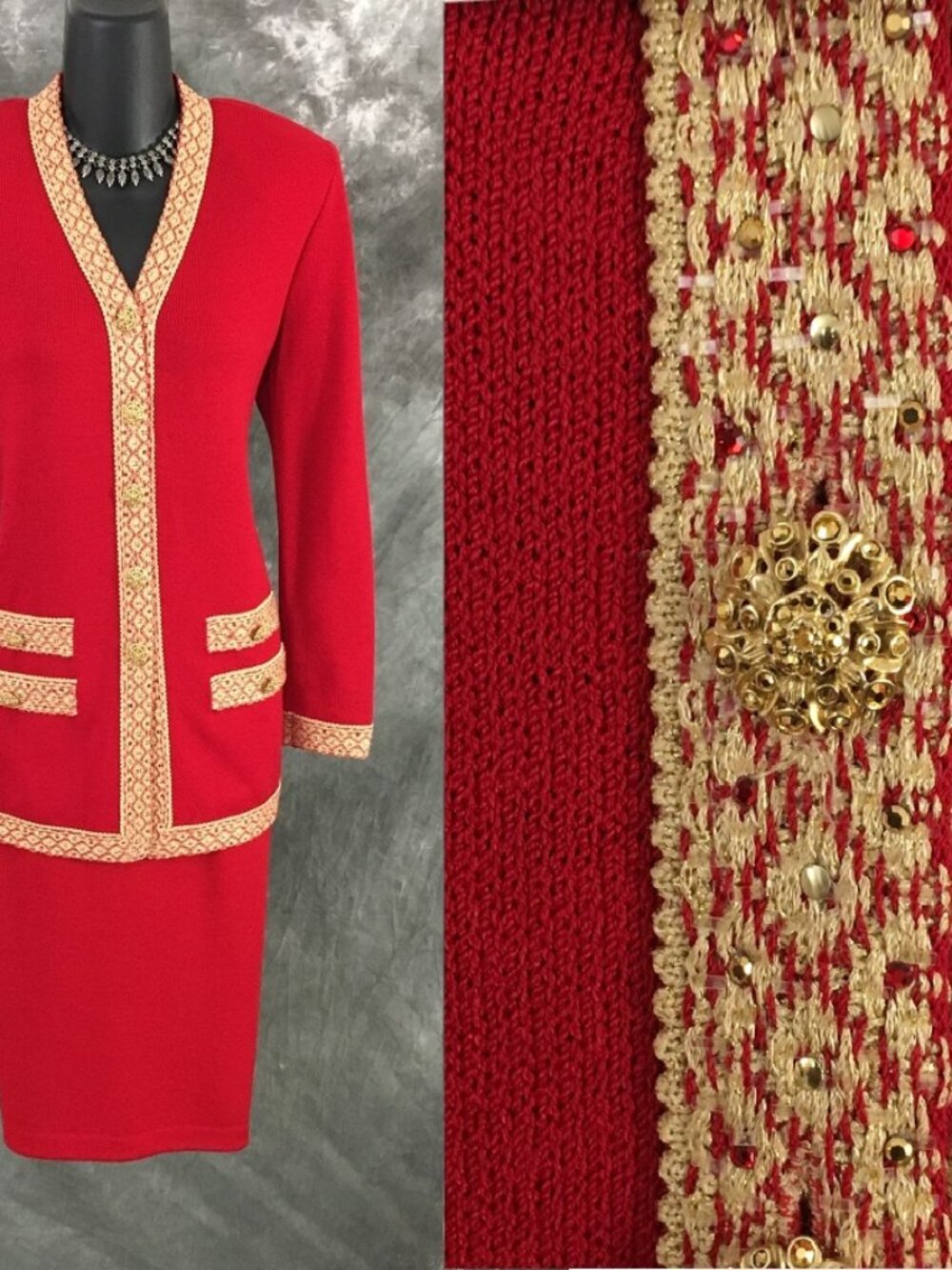 BEAUTIFUL st john evening knit red gold rhinestone embellished skirt suit 4 6